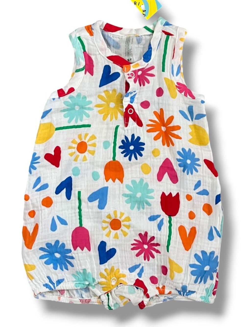 NWT! Primary Baby Shortie Rainbow Flower Print Muslin Bubble Romper Size 0-3M